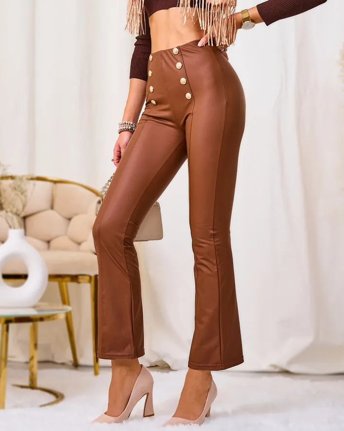 Eko Skórzane|Legginsy / Tregginsy^Royalfashion Brązowe damskie eko-skórzane legginsy ze złotymi guzikami brązowy