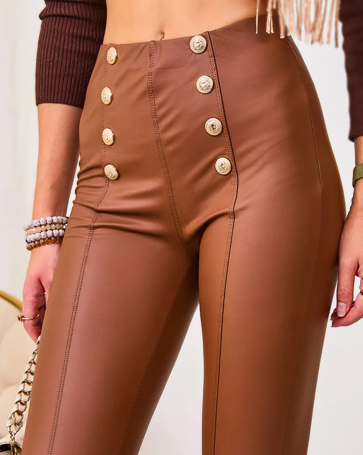 Eko Skórzane|Legginsy / Tregginsy^Royalfashion Brązowe damskie eko-skórzane legginsy ze złotymi guzikami brązowy