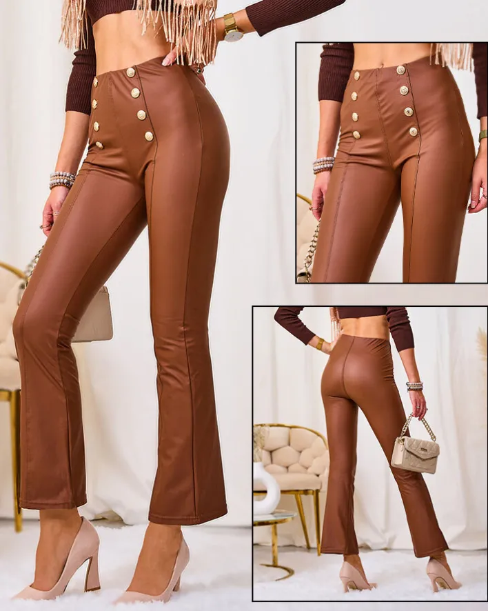 Eko Skórzane|Legginsy / Tregginsy^Royalfashion Brązowe damskie eko-skórzane legginsy ze złotymi guzikami brązowy