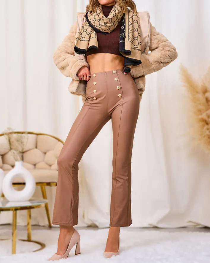 Eko Skórzane|Legginsy / Tregginsy^Royalfashion Brązowe damskie eko-skórzane legginsy ze złotymi guzikami brązowy