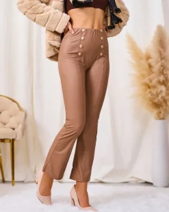 Eko Skórzane|Legginsy / Tregginsy^Royalfashion Brązowe damskie eko-skórzane legginsy ze złotymi guzikami brązowy