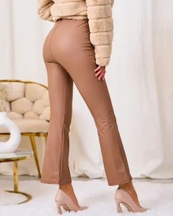 Eko Skórzane|Legginsy / Tregginsy^Royalfashion Brązowe damskie eko-skórzane legginsy ze złotymi guzikami brązowy