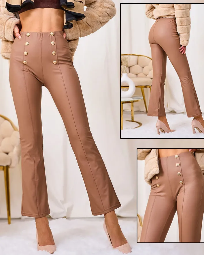 Eko Skórzane|Legginsy / Tregginsy^Royalfashion Brązowe damskie eko-skórzane legginsy ze złotymi guzikami brązowy