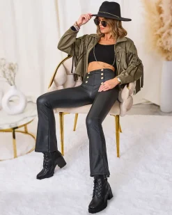 Eko Skórzane|Legginsy / Tregginsy^Royalfashion Brązowe damskie eko-skórzane legginsy ze złotymi guzikami czarny