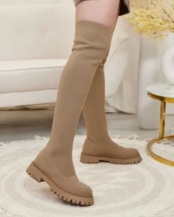 Kozaki Na Płaskim Obcasie|Kozaki Bez Ocieplenia^Royalfashion Brązowe damskie wsuwane kozaki za kolano Radgitas brązowy