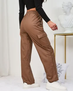 Eko Skórzane|Spodnie Cargo^Royalfashion Brązowe damskie spodnie typu bojówki z eko skóry brązowy