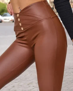 Eko Skórzane|Legginsy / Tregginsy^Royalfashion Brązowe damskie tregginsy ze złotymi guzikami brązowy