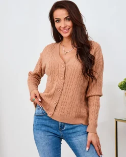 Swetry^Royalfashion Brązowy damski sweter warkoczowy splot jasny brązowy