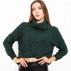 Swetry^Royalfashion Butelkowy damski krótki sweter z golfem zielony