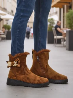 Śniegowce|Botki Na Platformie^Royalfashion Buty a'la śniegowce damskie z kokardką Kiebbi Camel