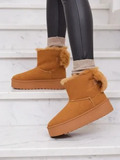 Botki Z Delikatnym Ociepleniem|Botki Na Płaskim Obcasie^Royalfashion Buty a'la śniegowce damskie w kolorze camelowym Goroggo brązowy