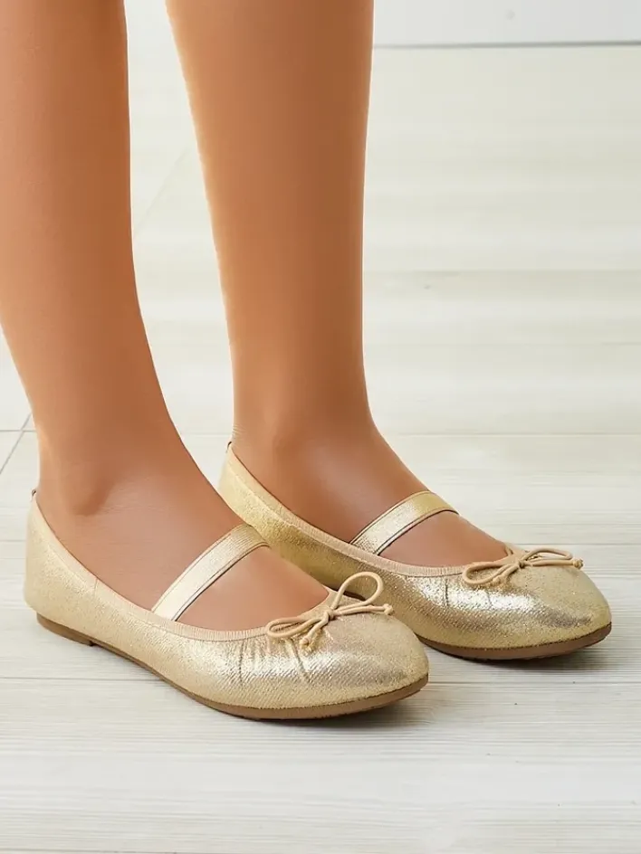 Buty Na Wielkie Wyjście|Baleriny Klasyczne^Royalfashion Błyszczące damskie baleriny z kokardką i gumką Safte złoty