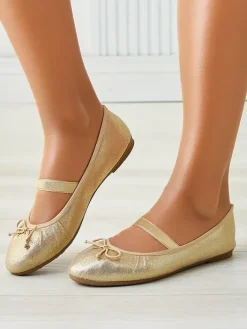 Buty Na Wielkie Wyjście|Baleriny Klasyczne^Royalfashion Błyszczące damskie baleriny z kokardką i gumką Safte złoty