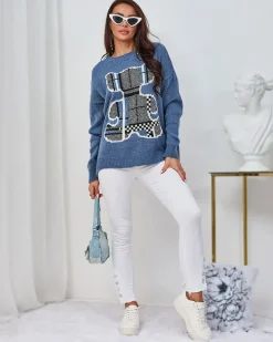 Swetry^Royalfashion Ciemnoniebieski damski sweter z misiem Ecru