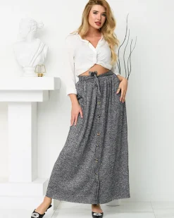 Spódnice^Royalfashion Ciemnoszara damska plisowana spódnica maxi z guzikami Ciemnoszary