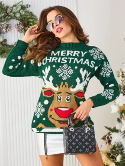 Swetry^Royalfashion Ciemno damski świąteczny sweter z reniferem zielony