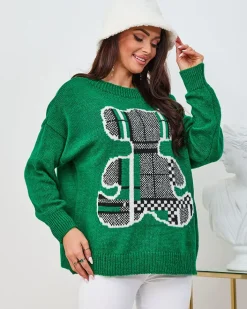 Swetry^Royalfashion Ciemno damski sweter z misiem zielony