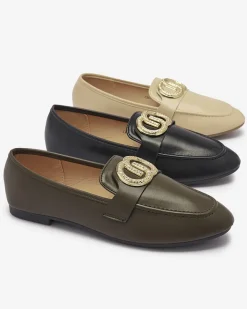 Mokasyny Na Płaskiej Podeszwie^Royalfashion Ciemnozielone mokasyny damskie ze złotą ozdobą Uletta zielony