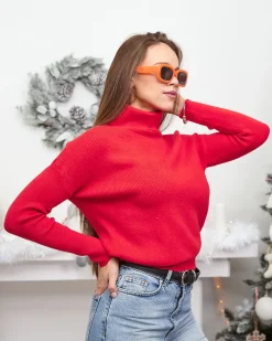 Swetry^Royalfashion Cienki damski sweterek z golfem czerwony