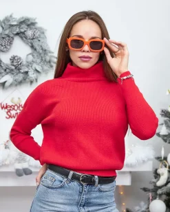 Swetry^Royalfashion Cienki damski sweterek z golfem czerwony