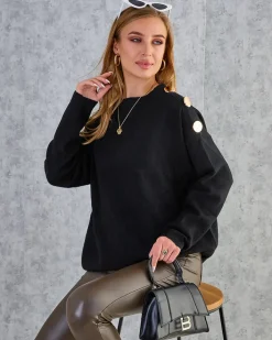 Swetry^Royalfashion Cienki damski sweter z ozdobami na ramionach czarny