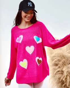 Swetry^Royalfashion Cienki damski sweterek z serduszkami różowy