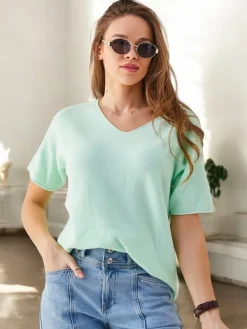 Swetry^Royalfashion Cienki damski sweterek z krótkimi rękawami mięta