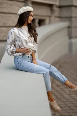 Swetry^Royalfashion Cienki damski sweterek z printem beżowy