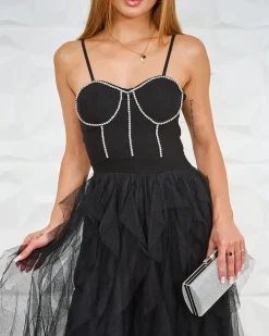 Sukienki Na Imprezę|Sukienki Długie^Royalfashion Czarna sukienka damska midi z tiulem i kryształkami