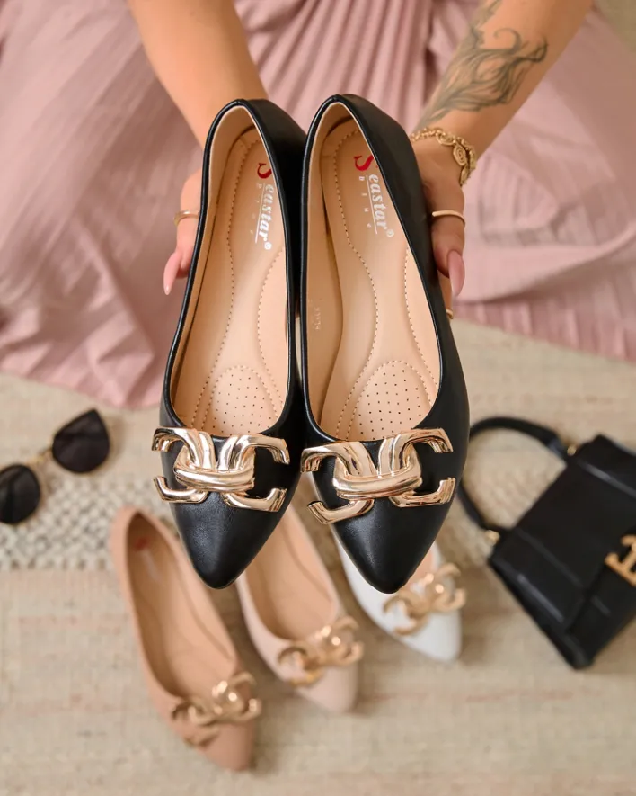 Baleriny Klasyczne^Royalfashion Czarne baleriny damskie w szpic z ozdobą na nosku Figgda czarny