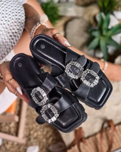 Klapki Na Obcasie^Royalfashion Czarne damskie zdobione klapki na obcasie Tireta czarny