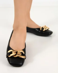 Baleriny Klasyczne^Royalfashion Czarne damskie eko-skórzane balerinki ze złotą ozdobą Gassi czarny