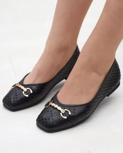 Baleriny Klasyczne^Royalfashion Czarne damskie ażurowe baleriny ze złotą ozdobą Serilla czarny