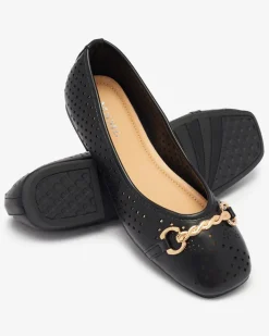 Baleriny Klasyczne^Royalfashion Czarne damskie ażurowe baleriny ze złotą ozdobą Serilla czarny