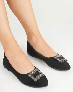 Baleriny Klasyczne^Royalfashion Czarne damskie eko-zamszowe balerinki z ozdobą Linselisa czarny