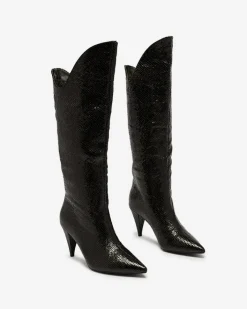 Kozaki Z Ociepleniem|Kozaki Do Kolana^Royalfashion Czarne damskie kozaki na szpilce z tłoczeniem Elivea czarny