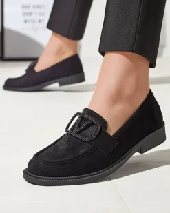 Espadryle Płaskie^Royalfashion Czarne mokasyny damskie z ozdobą Fogras czarny