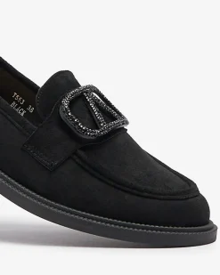 Espadryle Płaskie^Royalfashion Czarne mokasyny damskie z ozdobą Fogras czarny