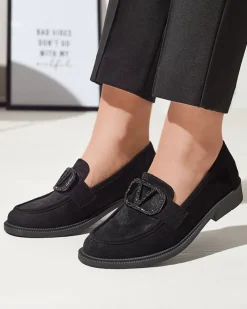 Espadryle Płaskie^Royalfashion Czarne mokasyny damskie z ozdobą Fogras czarny