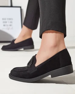 Espadryle Płaskie^Royalfashion Czarne mokasyny damskie z ozdobą Fogras czarny