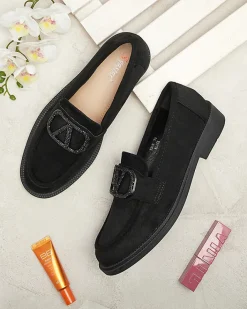 Espadryle Płaskie^Royalfashion Czarne mokasyny damskie z ozdobą Fogras czarny