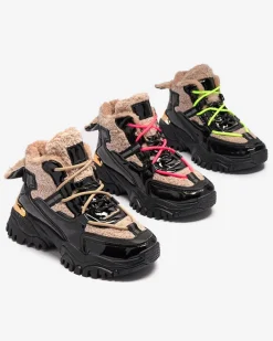 Śniegowce|Ocieplane^Royalfashion Czarne sportowe buty damskie z futerkiem i neonowymi żółtymi sznurówkami Adbo czarny