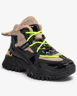 Śniegowce|Ocieplane^Royalfashion Czarne sportowe buty damskie z futerkiem i neonowymi żółtymi sznurówkami Adbo czarny