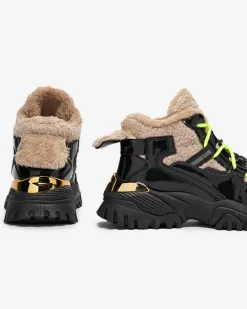 Śniegowce|Ocieplane^Royalfashion Czarne sportowe buty damskie z futerkiem i neonowymi żółtymi sznurówkami Adbo czarny