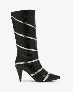 Kozaki Na Obcasie|Kozaki Z Ociepleniem^Royalfashion Czarno- srebrne damskie kozaki na szpilce z tłoczeniem w paski Felifea czarny