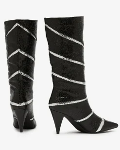 Kozaki Na Obcasie|Kozaki Z Ociepleniem^Royalfashion Czarno- srebrne damskie kozaki na szpilce z tłoczeniem w paski Felifea czarny