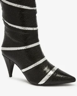 Kozaki Na Obcasie|Kozaki Z Ociepleniem^Royalfashion Czarno- srebrne damskie kozaki na szpilce z tłoczeniem w paski Felifea czarny