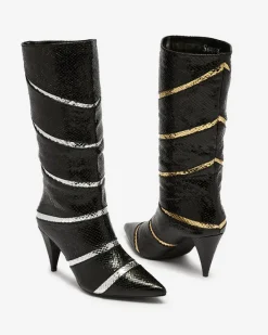 Kozaki Na Obcasie|Kozaki Z Ociepleniem^Royalfashion Czarno- srebrne damskie kozaki na szpilce z tłoczeniem w paski Felifea czarny