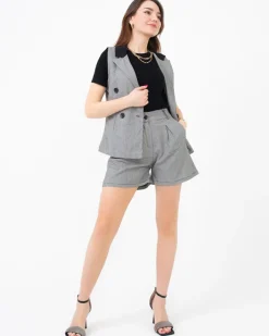 Szorty|Krótkie Spodenki^Royalfashion Czarny damski garnitur w białą kratkę biały