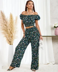 Komplety Damskie^Royalfashion Czarny dwuczęściowy damski komplet w kwiatki Granatowy